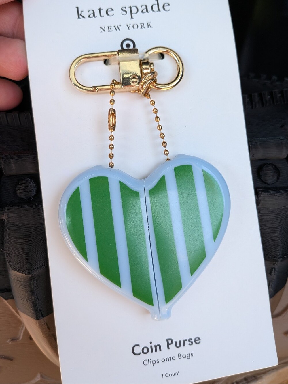 π©· kate spade Green and White Striped Heart Coin Purse Keychain